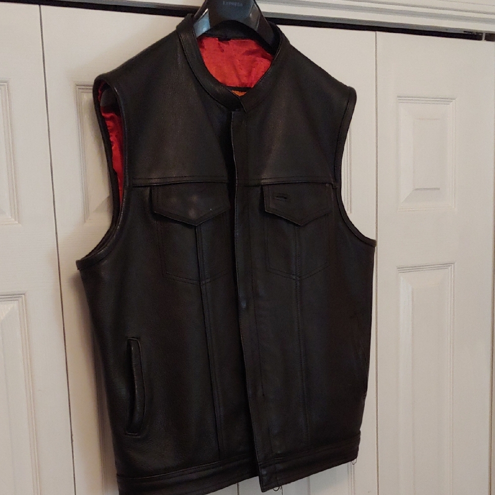 Black Denim Vest with Classic Collar and Red Lining